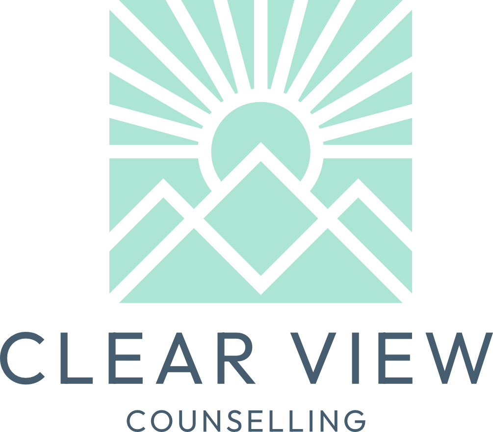 Logo with stylized mountains and a sun with rays above, accompanied by the text 'CLEAR VIEW COUNSELLING'.